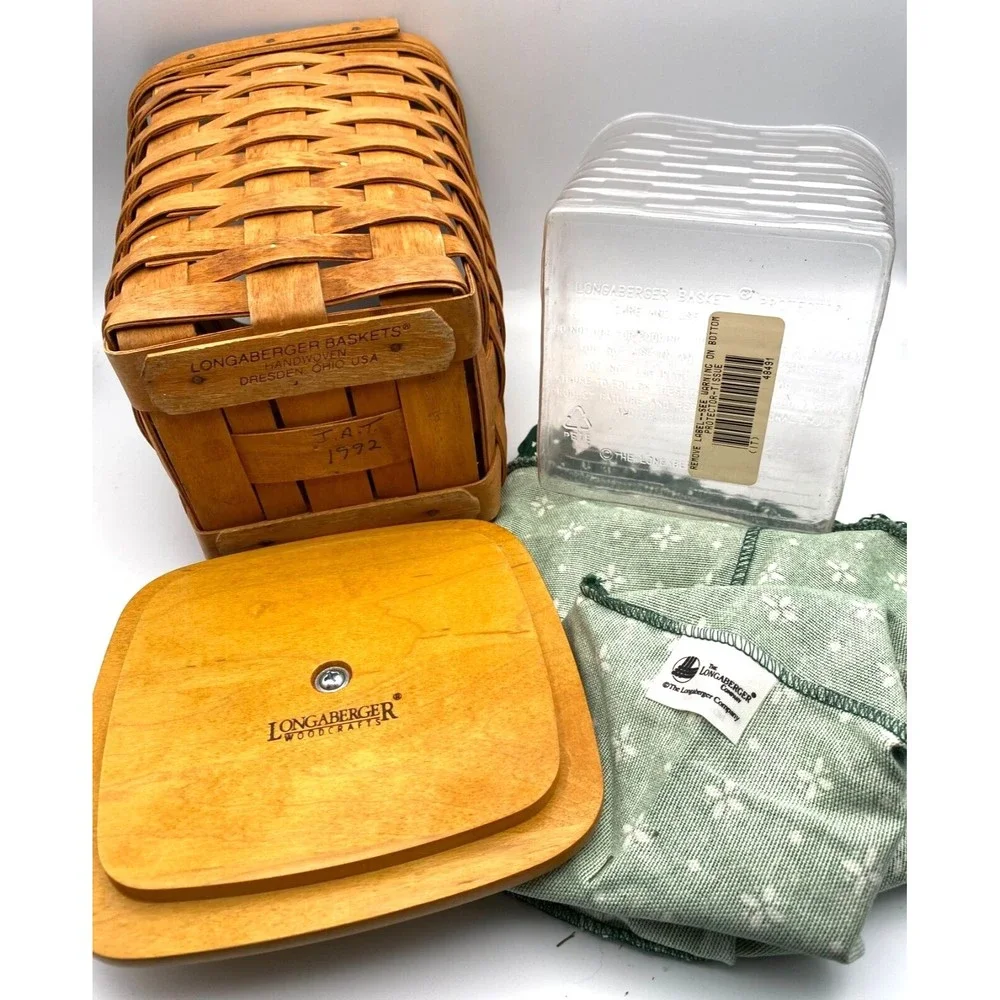 Longaberger Baskets Green Liner Protector Wooden Lid Basket 9